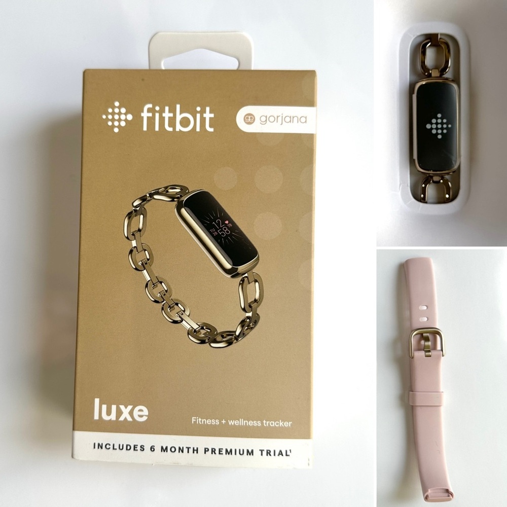 Fitbit Luxe Soft Gold Gorjana Link Bracelet and Peony Band - New Open Box